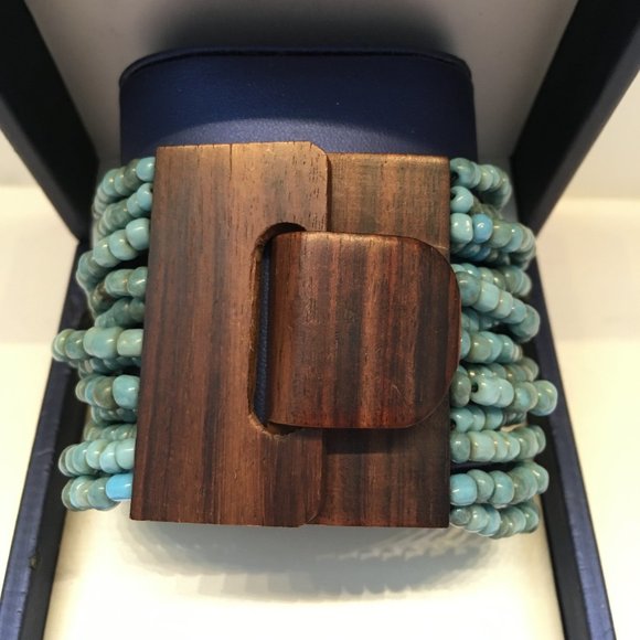 Turquoise beads Hand-Carved Wooden Cuff - Picture 2 of 5
